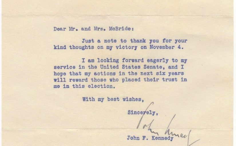 John F. Kennedy – typed letter signed “I am looking forward ...to my service..."