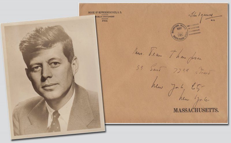 John F Kennedy large hand addressed envelope and vintage photograph