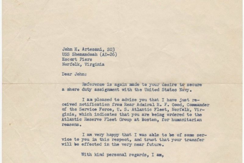 Congressman John F Kennedy uses his influence to obtain a shore assignment for a fellow veteran fine typed letter signed